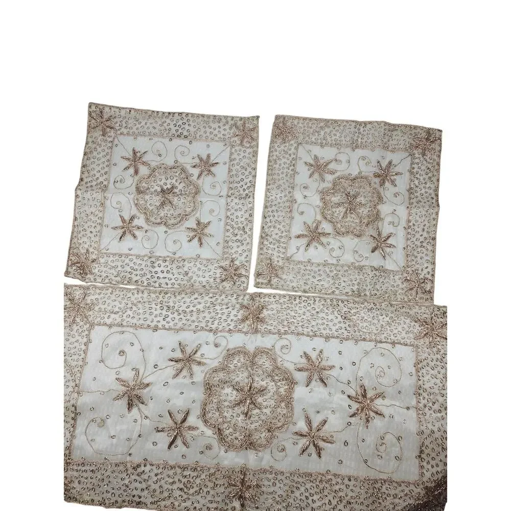 Table Runner and 2 Place Mats Embroidered Gold Beaded Accents, Indian or Persian